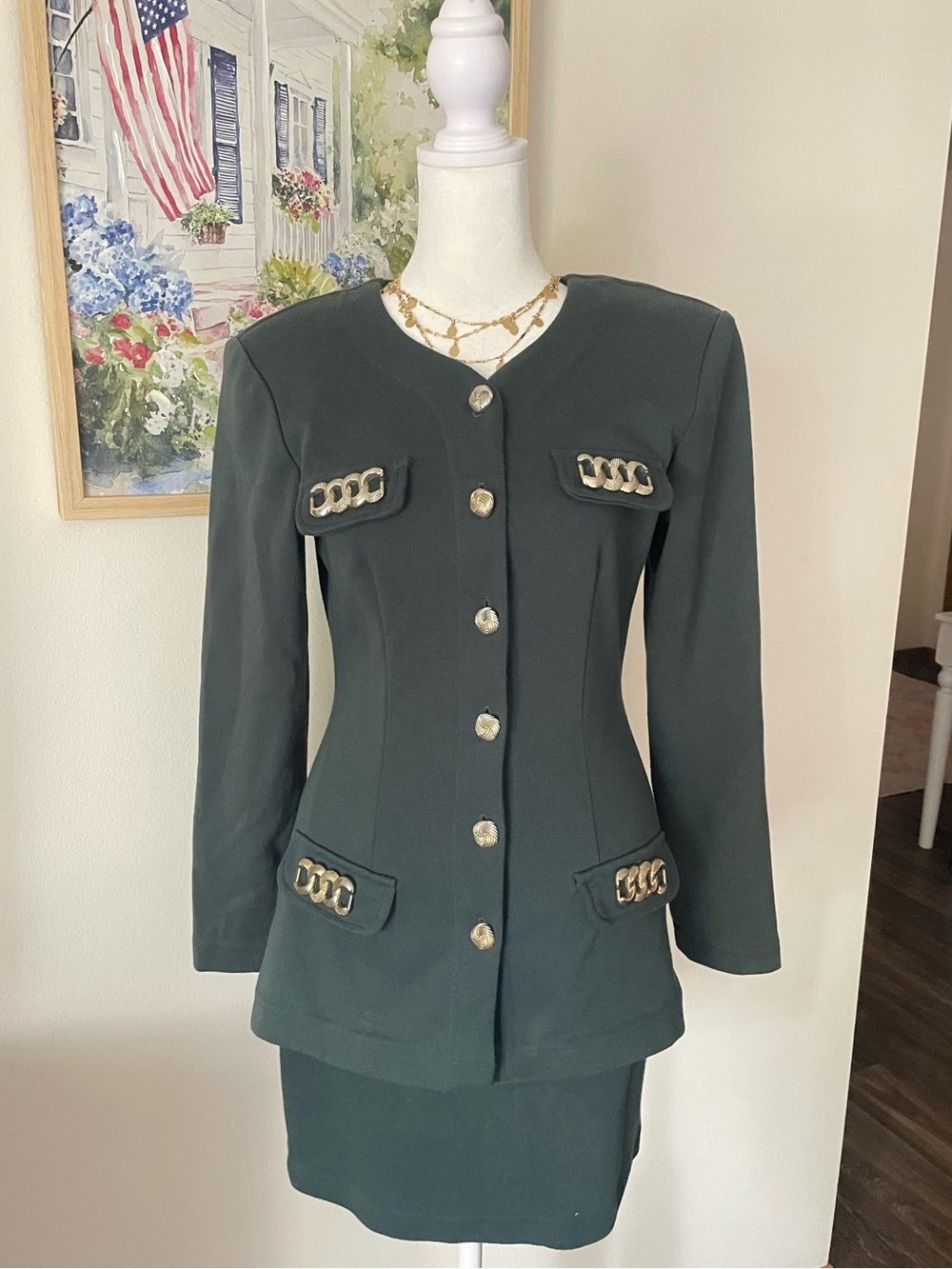 Rampage Vintage 90s Green Chain Blazer Jacket Top & Skirt Suit Set Size 7